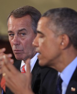 Spotkanie prezydenta z przywódcami większości. Obok Baracka Obamy John Boehner fot.Dennis Brack / POOL/EPA