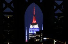 One World Trade Center lit to mark Notre Dame Fire, New York, USA - 16 Apr 2019